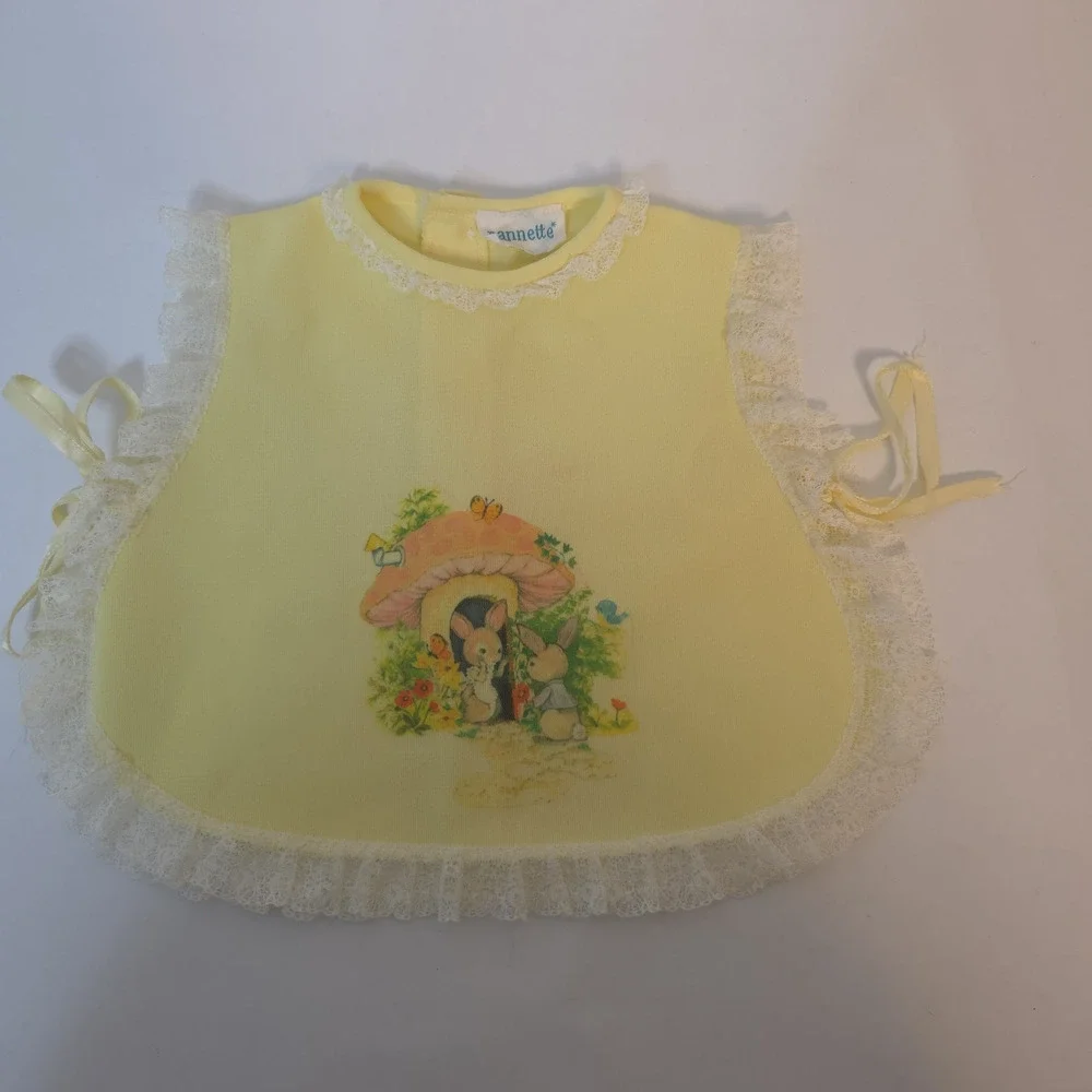 Vintage Nannette Baby Girl Bib Smock Bloomers Yellow Rabbit Mushroom Graphic 2pc